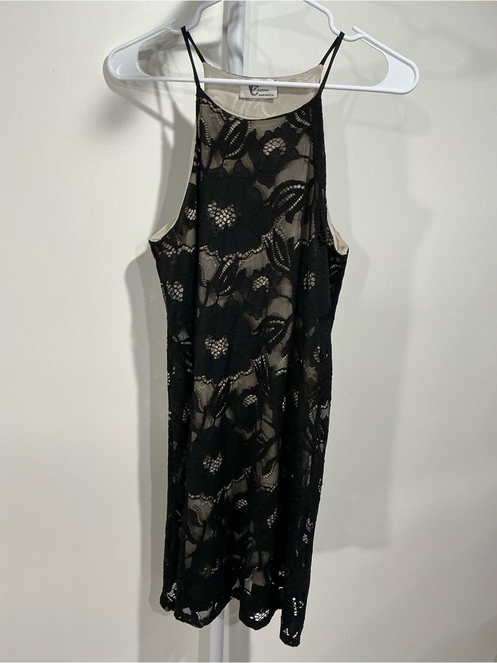 Black Lace Mini Dress with Nude Lining and High Neck